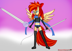 Size: 5164x3669 | Tagged: safe, artist:blossomblaze, oc, oc:blossomblaze, anthro, pegasus, armor, belly button, blue eyes, bow, clothes, collar, female, gloves, long gloves, long hair, long socks, long tail, scarf, sword, weapon, wings