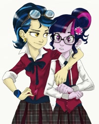 Size: 771x965 | Tagged: artist needed, safe, indigo zap, sci-twi, twilight sparkle, equestria girls, friendship games, arm around neck, clothes, crystal prep academy uniform, duo, female, school uniform, side hug