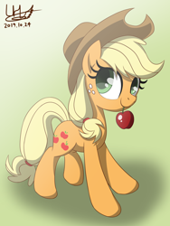 Size: 1600x2133 | Tagged: safe, artist:livehotsun, applejack, earth pony, pony, apple, cowboy hat, cute, female, food, freckles, gradient background, hat, jackabetes, mare, mouth hold, obligatory apple, signature, solo