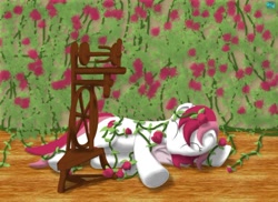 Size: 700x509 | Tagged: safe, artist:quint-t-w, roseluck, earth pony, pony, fairy tale, flower, rose, sleeping, solo, spinning wheel, underhoof, wooden floor