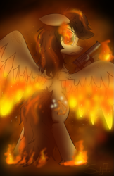 Size: 825x1275 | Tagged: safe, artist:sandyfortune, oc, oc only, oc:sandy fortune, pegasus, pony, dungeons and dragons, female, fire, gun, mare, pen and paper rpg, ponyfinder, rpg, solo, weapon