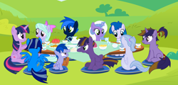 Size: 11500x5500 | Tagged: safe, artist:northernthestar, flitter, twilight sparkle, twilight sparkle (alicorn), oc, oc:adryna, oc:falling star, oc:hope, oc:meteor, oc:northern star, oc:nova, oc:quartz star, oc:turbo, alicorn, pony, absurd resolution, colt, female, filly, male, mare, offspring, parent:flitter, parent:oc:northern star, parents:canon x oc, pointy ponies, stallion, table