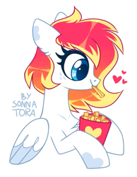 Size: 571x737 | Tagged: safe, artist:sonnatora, oc, oc:spectrum beam, pony, eating, female, floating heart, food, french fries, heart, mare, pegasus oc, solo