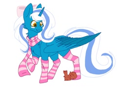 Size: 1060x754 | Tagged: safe, artist:littlemissarizona, oc, oc:fleurbelle, alicorn, pony, squirrel, adorable face, alicorn oc, animal, blushing, bow, clothes, cute, female, golden eyes, hair bow, looking down, mare, scarf, smiling, socks, striped socks, sweet, winter