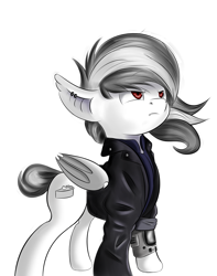 Size: 2124x2694 | Tagged: safe, artist:qbellas, oc, bat pony, pony, bat pony oc, clothes, inktober, inktober 2019, jacket, monochrome, solo