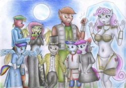 Size: 2333x1640 | Tagged: safe, artist:sinaherib, big macintosh, button mash, discord, fluttershy, sweetie belle, oc, oc:amber earring, oc:rainfall, oc:starlight ray, oc:sunstone, anthro, bat pony, cat, earth pony, pegasus, unicorn, apple, avatar the last airbender, bat ponified, belly button, bill cipher, breasts, cane, clothes, colt, costume, cutie mark, female, filly, flutterbat, flutterbat costume, fluttermac, food, fox mccloud, full moon, gravity falls, hat, hootershy, katara, kiki, kiki's delivery service, krystal, male, moon, nightmare night costume, offspring, older, older button mash, older sweetie belle, parent:cheese sandwich, parent:fancypants, parent:flash sentry, parent:pinkie pie, parent:rainbow dash, parent:rarity, parent:soarin', parent:twilight sparkle, parents:cheesepie, parents:flashlight, parents:raripants, parents:soarindash, pirate costume, race swap, shipping, star fox, story included, straight, sweetie boobs, sweetiemash, the cmc's cutie marks, top hat, traditional art