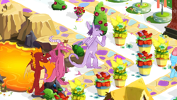 Size: 1280x720 | Tagged: safe, ballista, cup cake, garble, prominence, dragon, pony, bouquet, cute, dragoness, female, flower, gameloft, lava, promibetes, street