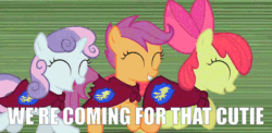 Size: 734x357 | Tagged: safe, apple bloom, scootaloo, sweetie belle, animated, caption, cutie mark crusaders, gif, image macro, impact font, running, text