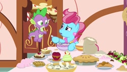 Size: 1920x1080 | Tagged: safe, screencap, cup cake, spike, dragon, pony, the big mac question, apple, bowl, food, paper, pie, winged spike