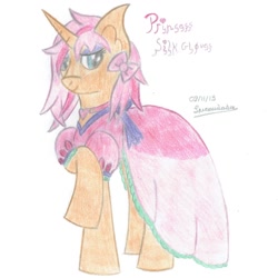 Size: 1500x1500 | Tagged: safe, artist:spiroudada, oc, oc only, pony, unicorn, crossdressing, pink dress, ponysona, princess, raised hoof, traditional art