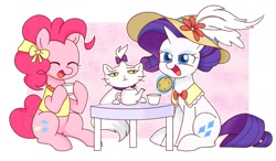 Size: 1200x700 | Tagged: safe, artist:ch-chau, derpibooru import, opalescence, pinkie pie, rarity, cat, earth pony, pony, unicorn, cookie, eyes closed, food, hat, table, tea party
