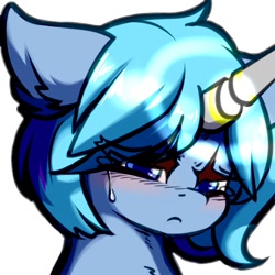 Size: 500x500 | Tagged: safe, alternate version, artist:silver fox, oc, oc only, oc:rainbowglimmer, pony, unicorn, broken horn, bust, crying, eye clipping through hair, glowing horn, horn, solo