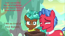 Size: 3413x1920 | Tagged: safe, edit, edited screencap, screencap, biscuit, spur, earth pony, pegasus, pony, growing up is hard to do, :i, box, bullshit, caption, dialogue, female, image macro, male, tags that curse, teenager, text, vulgar