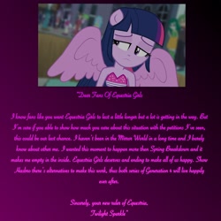 Size: 2304x2304 | Tagged: safe, editor:lonely fanboy48, twilight sparkle, better together, equestria girls, equestria girls (movie), spring breakdown, sunset's backstage pass!, clothes, dress, message, sad, the end of equestria girls, wings