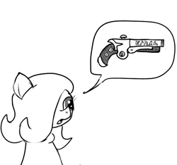 Size: 640x600 | Tagged: safe, artist:ficficponyfic, oc, oc:emerald jewel, earth pony, pony, child, colt, colt quest, cyoa, femboy, foal, gun, hair over one eye, handgun, male, monochrome, pistol, solo, story included, weapon