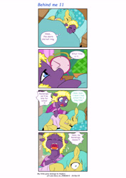 Size: 5784x8176 | Tagged: safe, artist:jeremy3, sunshower raindrops, oc, oc:valentine, earth pony, pegasus, pony, comic:behind me, alternate universe, bed, clock, comic, crying, pillow, sleeping, waking up