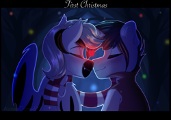 Size: 3125x2204 | Tagged: safe, artist:auroracursed, oc, bat pony, pony, unicorn, bat pony oc, christmas, clothes, couple, forest, heart, holiday, male, night, scarf, shared clothing, shared scarf, stallion, ych result