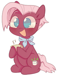 Size: 730x970 | Tagged: safe, artist:pinkiespresent, jasmine leaf, earth pony, pony, cup, cute, jasminebetes, no pupils, sitting, solo, teacup