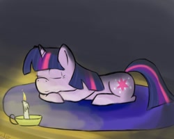 Size: 900x720 | Tagged: safe, artist:theslendid, twilight sparkle, unicorn twilight, pony, unicorn, candle, cushion, female, mare, sleeping, solo