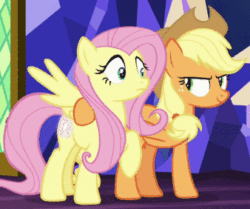 Size: 338x282 | Tagged: safe, derpibooru import, screencap, applejack, fluttershy, earth pony, pegasus, pony, sounds of silence, animated, cropped, duo, female, glowing cutie mark, hoof around neck, laughing, lidded eyes, mare, nervous, nervous laugh, open mouth, out of context, raised eyebrow, raised hoof, smiling, twilight's castle, wide eyes, wings