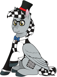 Size: 767x1044 | Tagged: safe, artist:69beas, oc, oc:checkerboard, pegasus, pony, 2020 community collab, bowtie, clothes, colored hooves, derpibooru community collaboration, digital art, glasses, hat, looking at you, male, simple background, sitting, solo, stallion, suit, transparent background