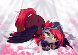 Size: 3465x2454 | Tagged: safe, artist:rioshi, artist:sparkling_light, artist:starshade, pegasus, pony, blushing, female, league of legends, looking at you, mare, petals, ponified, slit eyes, solo, xayah