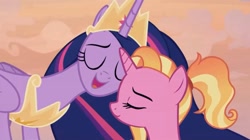 Size: 1280x717 | Tagged: safe, screencap, luster dawn, twilight sparkle, twilight sparkle (alicorn), alicorn, pony, unicorn, the last problem, crown, cute, daaaaaaaaaaaw, eyes closed, jewelry, lusterbetes, nuzzling, ponytail, regalia, twiabetes