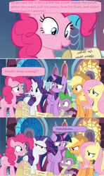 Size: 1366x2314 | Tagged: safe, derpibooru import, edited screencap, screencap, applejack, fluttershy, pinkie pie, rarity, spike, twilight sparkle, twilight sparkle (alicorn), alicorn, dragon, earth pony, pegasus, pony, unicorn, between dark and dawn, angry, canterlot castle, discovery family logo, nervous laugh, reading, screencap comic, scroll, stained glass, unamused, upset, window, winged spike