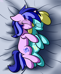 Size: 1688x2048 | Tagged: safe, artist:kimjoman, sassaflash, sea swirl, seafoam, pegasus, pony, unicorn, background pony, bed, cuddling, cute, eyes closed, female, lesbian, mare, sassaswirl, shipping, sleeping, spooning, ych result