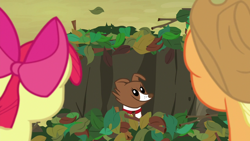 Size: 1280x720 | Tagged: safe, derpibooru import, screencap, apple bloom, applejack, winona, earth pony, pony, going to seed, leaves, pit trap
