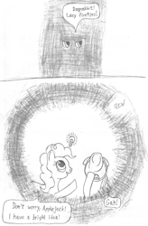 Size: 500x762 | Tagged: safe, artist:quint-t-w, applejack, pinkie pie, earth pony, pony, applejack's hat, comic, cowboy hat, darkness, dialogue, eyes in the dark, hat, idea, light bulb, looking up, old art, pencil drawing, pinkie being pinkie, pinkie physics, pun, traditional art