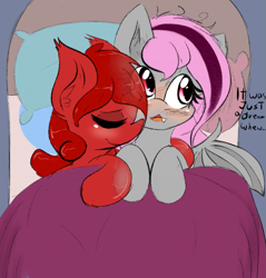 Size: 1159x1210 | Tagged: safe, artist:freefraq, oc, oc:cherry slime, oc:lilac san, bat pony, goo, goo pony, original species, blushing, blushing profusely, sleeping, snuggling