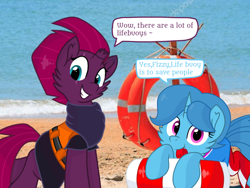 Size: 1440x1080 | Tagged: safe, artist:rainbow eevee edits, artist:徐詩珮, fizzlepop berrytwist, spring rain, tempest shadow, unicorn, series:sprglitemplight diary, series:sprglitemplight life jacket days, series:springshadowdrops diary, series:springshadowdrops life jacket days, alternate universe, beach, broken horn, cute, dialogue, female, horn, lesbian, lifeguard, lifeguard spring rain, lifejacket, shipping, springbetes, springshadow, tempestbetes