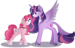 Size: 2328x1521 | Tagged: safe, artist:sh3llysh00, pinkie pie, twilight sparkle, twilight sparkle (alicorn), alicorn, earth pony, pony, alternate design, chest fluff, eye contact, female, horn, horn ring, leonine tail, lesbian, looking at each other, mare, pale belly, scrunchy face, shipping, simple background, size difference, smiling, transparent background, twinkie