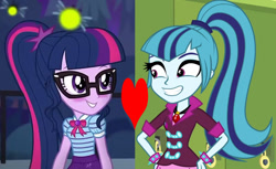 Size: 1012x618 | Tagged: safe, sci-twi, sonata dusk, twilight sparkle, better together, equestria girls, rainbow rocks, star crossed, blushing, female, heart, lesbian, sci-twinata, shipping, shipping domino, twinata