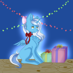 Size: 1000x1000 | Tagged: safe, artist:vivantae, oc, oc:fleurbelle, alicorn, adorable face, alicorn oc, bow, cheek fluff, chest fluff, cute, female, golden eyes, hair bow, lights, mare, present, ribbon