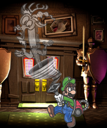 Size: 1939x2317 | Tagged: safe, artist:drquack64, discord, draconequus, ghost, crossover, luigi, luigi's mansion, super mario bros.