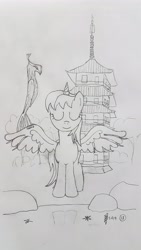 Size: 2268x4032 | Tagged: safe, artist:parclytaxel, philomena, oc, oc:parcly taxel, alicorn, phoenix, pony, ain't never had friends like us, albumin flask, alicorn oc, eyes closed, female, japan, kyoto, lineart, mare, monochrome, pagoda, parcly taxel in japan, pencil drawing, phoenix feather, pond, reflection, spread wings, story included, toji, traditional art, water, wings