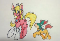 Size: 1024x712 | Tagged: safe, artist:bakukurara, pony, bowser jr, ponified, princess peach, super mario bros., traditional art