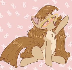 Size: 2060x2000 | Tagged: safe, artist:kamikazelenna, oc, oc only, oc:lenna, earth pony, pony, abstract background, adorkable, blushing, chest fluff, cute, dork, ear fluff, eyes closed, female, fluffy, glasses, long mane, mare, pale belly, pigtails, raised hoof, sitting, smiling, solo, twintails