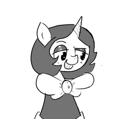 Size: 640x600 | Tagged: safe, artist:ficficponyfic, oc, oc:joyride, pony, unicorn, bowtie, clothes, colt quest, eyeshadow, female, grin, horn, makeup, mantle, mare, monochrome, no iris, raised eyebrow, smiling, solo, story included