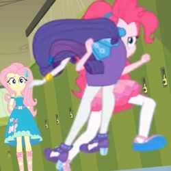 Size: 614x614 | Tagged: safe, screencap, fluttershy, pinkie pie, rarity, better together, equestria girls, holidays unwrapped, carrying, confused, cropped, low quality, marshmelodrama, o come all ye squashful, out of context, pencil skirt, rarara, rarity being rarity, running, yoink