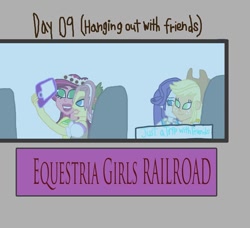 Size: 936x854 | Tagged: safe, artist:ktd1993, applejack, gloriosa daisy, rarity, vignette valencia, equestria girls, female, gloriette, kiss on the cheek, kissing, lesbian, rarijack, selfie, shipping, train