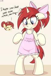 Size: 2312x3420 | Tagged: safe, artist:an-tonio, oc, oc only, oc:golden brooch, oc:silver draw, pony, semi-anthro, unicorn, apron, bipedal, blushing, bow, clothes, duo, eye clipping through hair, female, hair bow, housewife, looking down, mother and child, mother and daughter, parent and child