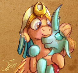 Size: 955x900 | Tagged: safe, artist:jamescorck, ocellus, somnambula, changedling, changeling, pegasus, pony, crack shipping, female, headdress, ocembula, older, older ocellus, shipping, snuggling