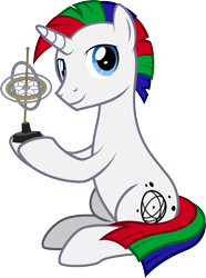 Size: 1706x2289 | Tagged: safe, artist:lightning stripe, derpibooru exclusive, oc, oc only, oc:journal, oc:journal.pone, pony, unicorn, 2020 community collab, blue eyes, cutie mark, derpibooru community collaboration, gyroscope, holding, horn, male, multicolored hair, multicolored mane, multicolored tail, plos one, show accurate, simple background, sitting, solo, stallion, transparent background, white coat