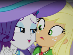 Size: 1084x813 | Tagged: safe, screencap, applejack, rarity, better together, camping must-haves, equestria girls, bad touch, duckface, female, hat, personal space invasion, shipping fuel