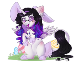 Size: 1398x1152 | Tagged: safe, artist:monogy, oc, oc:marshy, alicorn, pony, alicorn oc, animal costume, bunny costume, clothes, costume, female, glasses, mare, simple background, solo, transparent background