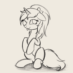 Size: 2000x2000 | Tagged: safe, artist:krash42, oc, oc only, pony, unicorn, bow, cute, female, hair bow, mare, monochrome, one eye closed, simple background, sitting, solo, tongue out, wink