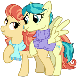 Size: 3200x3200 | Tagged: safe, artist:cheezedoodle96, aunt holiday, auntie lofty, earth pony, pegasus, pony, the last crusade, .svg available, clothes, couple, eye contact, female, hoof on chest, hug, lesbian, lofty day, looking at each other, mare, rearing, scarf, shipping, simple background, spread wings, svg, sweater, transparent background, vector, wings